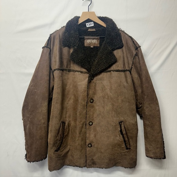 Guess Other - GUESS Genuine Leather Shearling Jacket Brown Sherpa Lined Coat Men’s XL